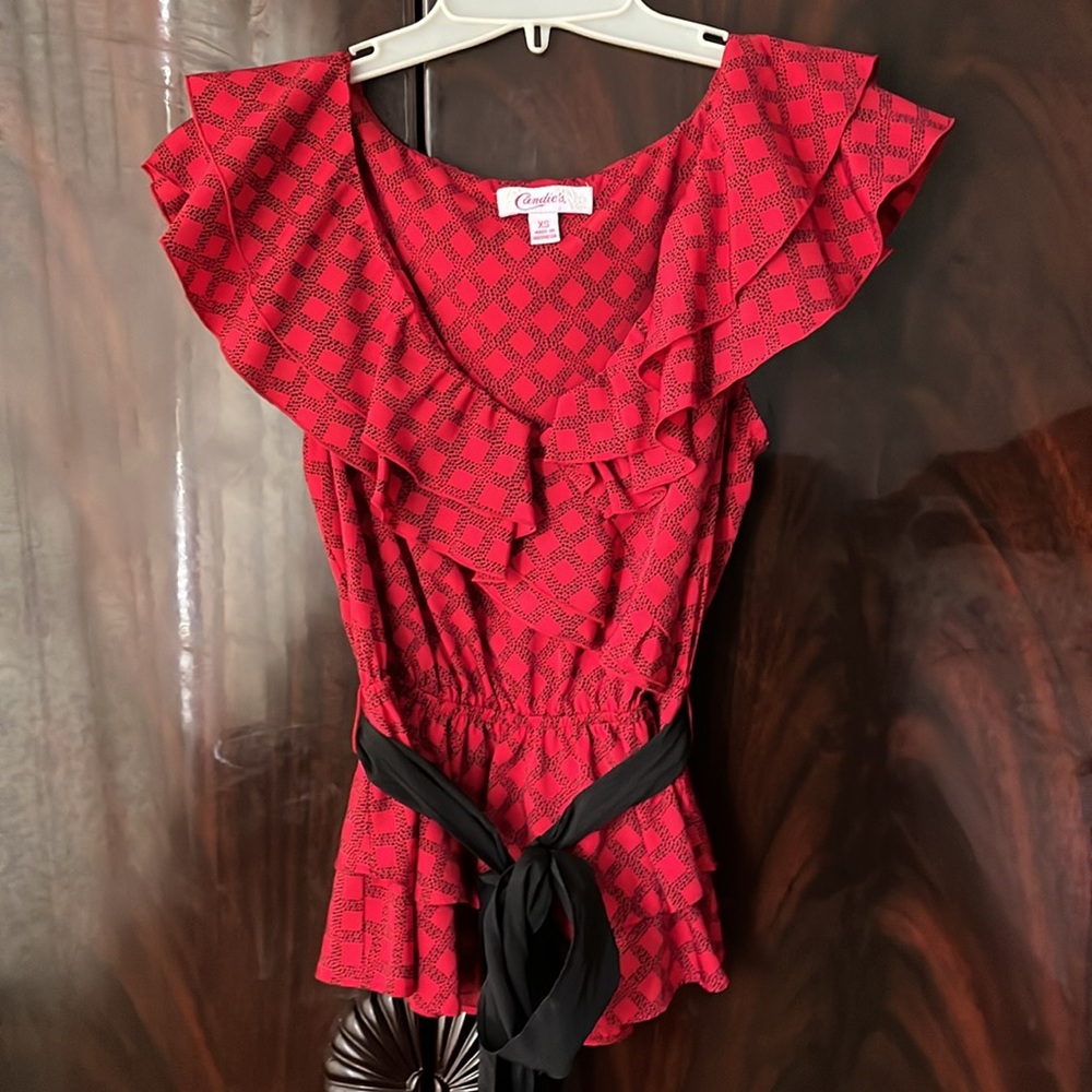 Candie’s Red and Black Ruffle Top with Fabric Belt